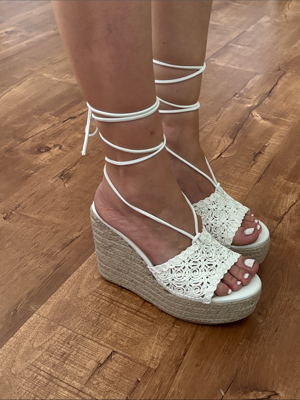 PrettyLittleThing Cream Crochet Espadrille Wedge Sandals with Lace-Up Ties